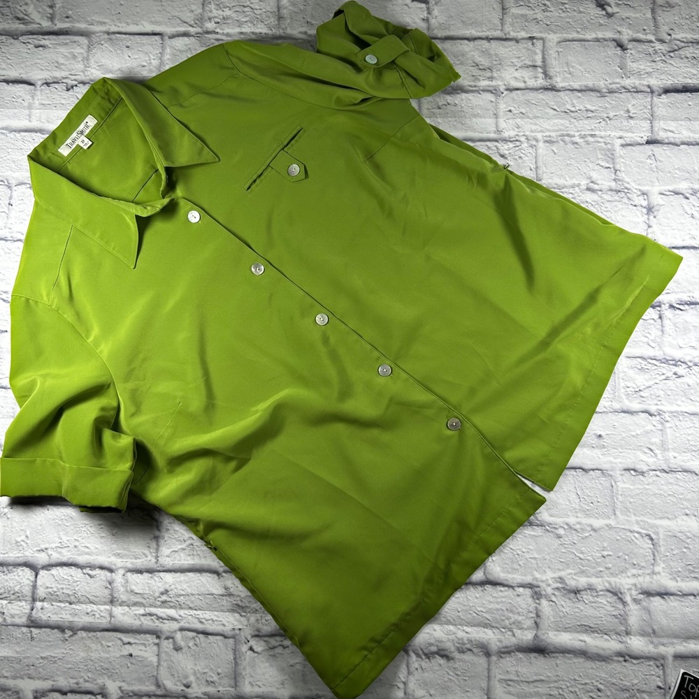 TravelSmith Women's 2X Lime Green Short Sleeve Button Down Shirt Travel Top